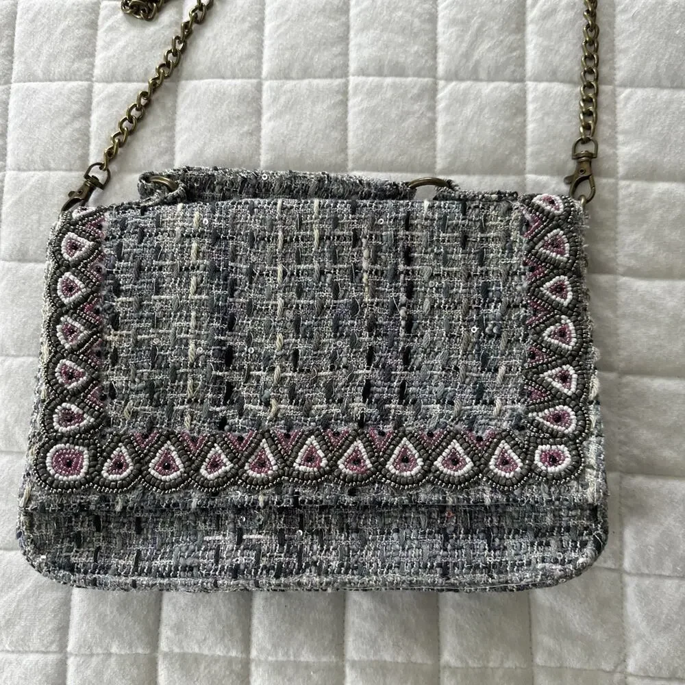 America & Beyond Shoulder Bag Blue Tweed Beaded Chain Crossbody Strap Preppy